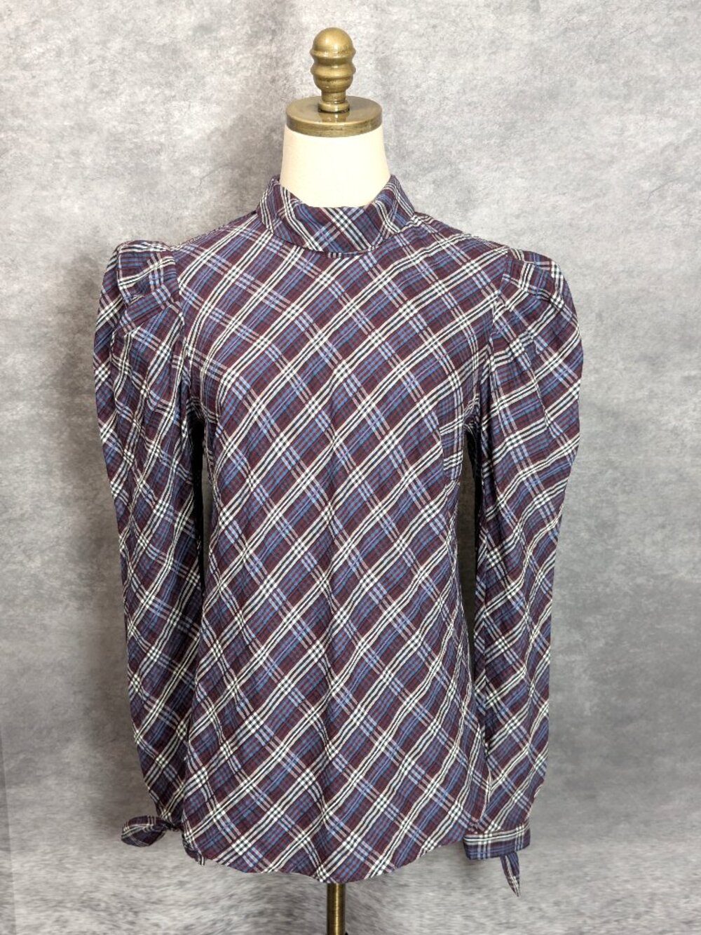 $368 NWT Veronica Beard Isabel Plaid Blouse 6 Puff Sleeve Mock Neck Academic